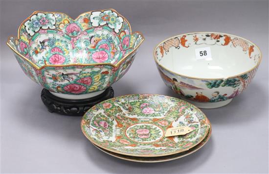 Two Chinese famille rose bowls and a pair of plates largest diameter 25cm